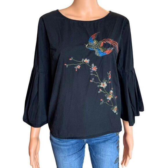 Jealous Tomato Washed Black Bell Sleeve Embroidered Boho Top Medium - Picture 2 of 6